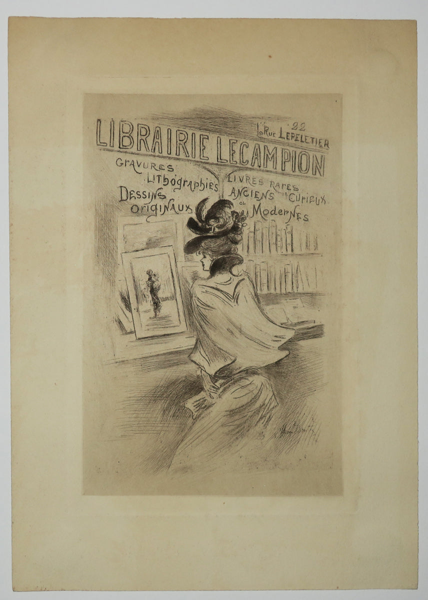 Carte adresse pour la Librairie Lecampion, Gravures, Lithographies, Dessins originaux… Rue Le Peletier, 22, à Paris. (Jeune élégante regardant une affiche dans la librairie). 