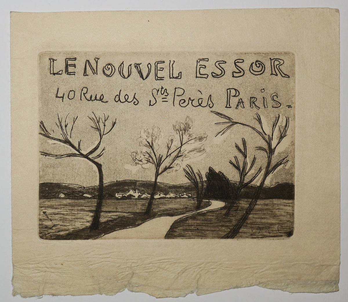 Carte adresse pour la Galerie Le Nouvel Essor, 40 rue des Saints Pères, Paris. (Paysage, Chemin vers un village). 