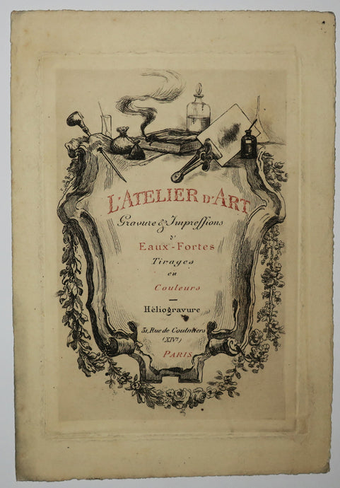 Carte adresse de L'Atelier d'Art, Gravure & Impressions d'Eaux-fortes, 31 rue de Coulmiers (XIVè), Paris. (Attributs du graveur). 