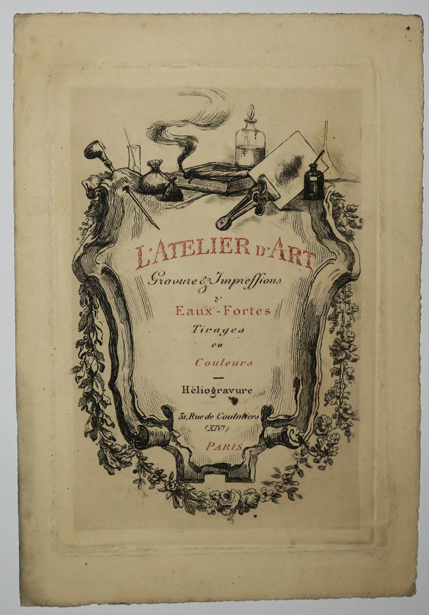 Carte adresse de L'Atelier d'Art, Gravure & Impressions d'Eaux-fortes, 31 rue de Coulmiers (XIVè), Paris. (Attributs du graveur). 