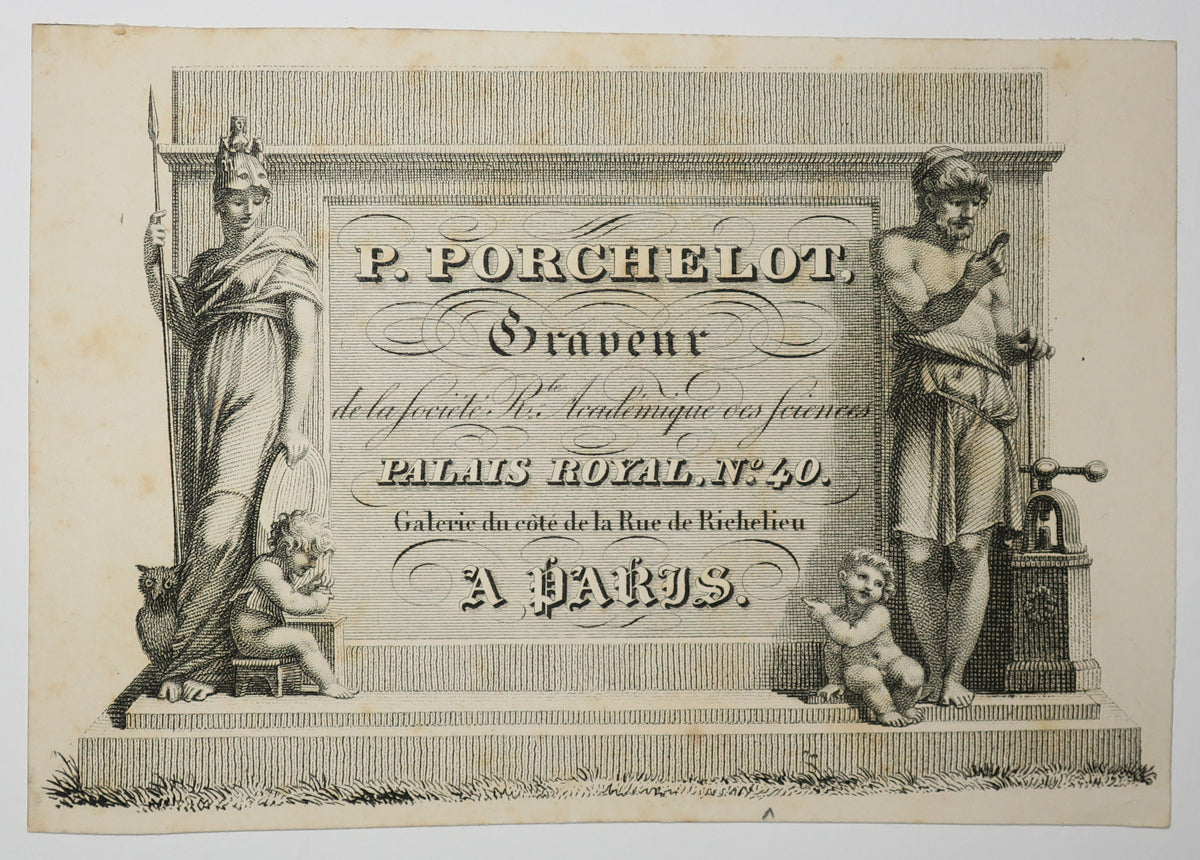 Carte adresse de P. Porchelot, Graveur de la Société Royale Académique des Sciences, Palais Royal n°40. Galerie du côté de la Rue de Richelieu, à Paris. 