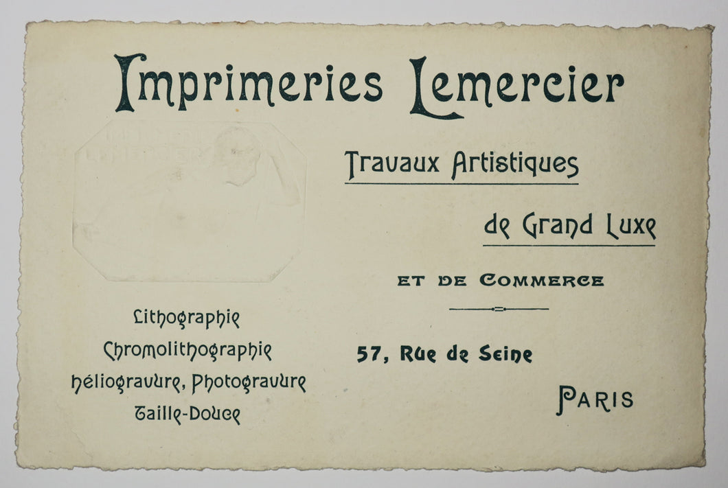 Carte adresse pour les Imprimeries Lemercier, Travaux Artistiques de Grand luxe et de commerce, 57 rue de Seine, Paris. 