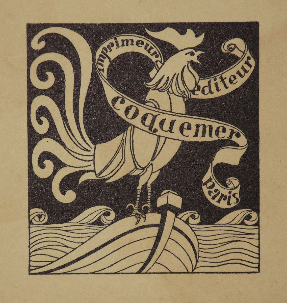 Carte adresse pour l'Imprimeur Editeur Coquemer, à Paris. (Coq sur une barque).  c.
