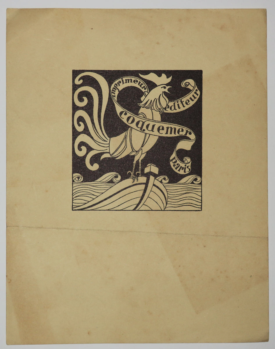 Carte adresse pour l'Imprimeur Editeur Coquemer, à Paris. (Coq sur une barque).  c.