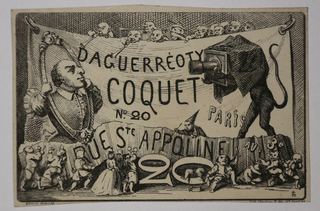 Carte adresse pour Daguerréoty[pe] Coquet, Rue Ste Appoline au 3ème, n°20, à Paris. (Un daguerréotype et petits personnages burlesques). 