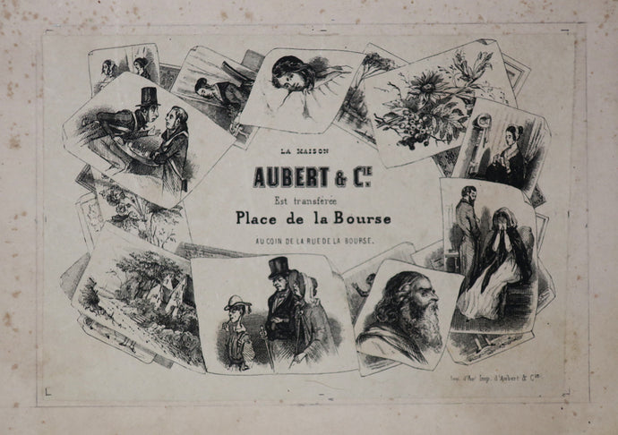 Carte adresse des Editeurs Aubert & Cie transférés Place de la Bourse au coin de la rue de la Bourse. (Diverses estampes formant un encadrement). 