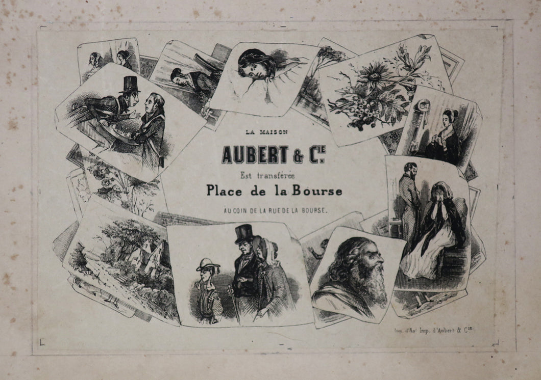 Carte adresse des Editeurs Aubert & Cie transférés Place de la Bourse au coin de la rue de la Bourse. (Diverses estampes formant un encadrement). 