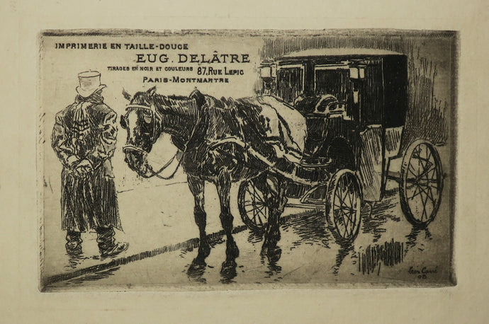 Carte adresse pour l'Imprimerie en taille-douce Eugène Delâtre, 87 rue Lepic, Paris-Montmartre. (Un attelage). 
