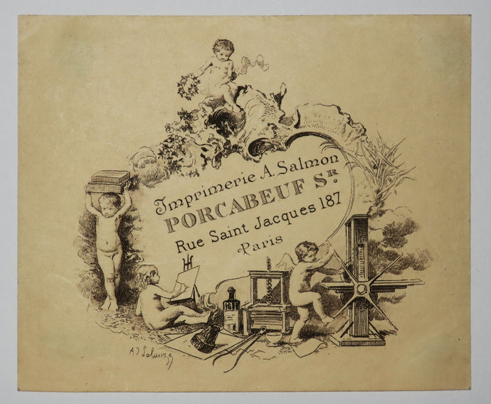 Carte adresse pour l'Imprimerie A. Salmon Porcabeuf Sr. Rue Saint Jacques 187, à Paris. (Attributs de l'imprimeur). 