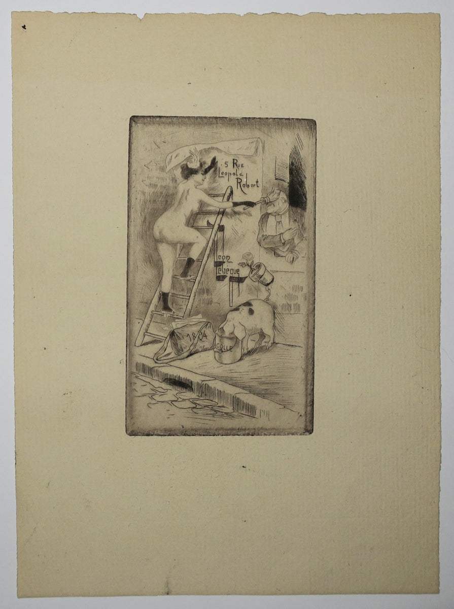 Carte adresse de l'artiste, 5 rue Léopold Robert. (Femme, dénudée sur une échelle, collant une affiche sur le mur et passant le pinceau de colle sur le visage d'un homme). 