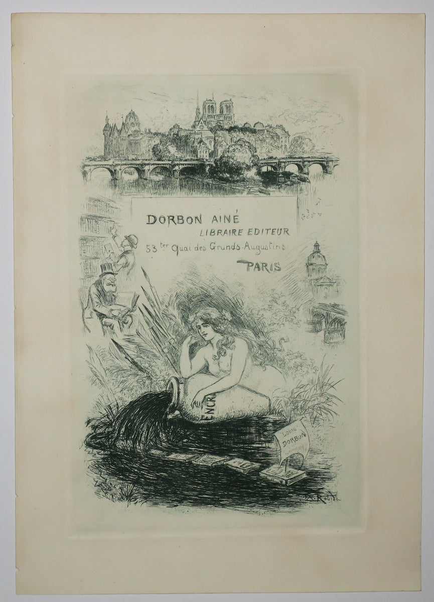 Carte adresse pour la Libraire Editeur Dorbon Ainé, 53 ter Quai des Grands Augustins, à Paris. (Vue de la Seine et Notre-Dame, Intérieur de librairie et Femme déversant un encrier). 