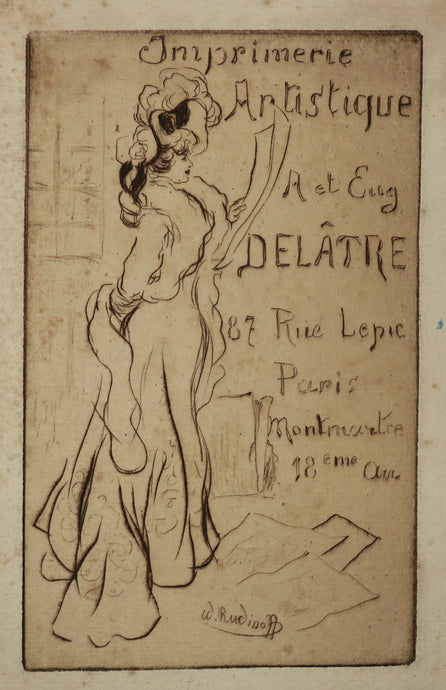 Carte adresse pour l'Imprimerie Artistique Auguste et Eugène Delâtre, 87 rue Lepic, Paris Montmartre 18ème Arrdt. (Elégante regardant des estampes). 