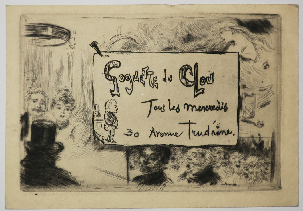 Carte adresse de la Goguette du Clou, Tous les mercredis, 30 Avenue Trudaine. (Divers personnages). 