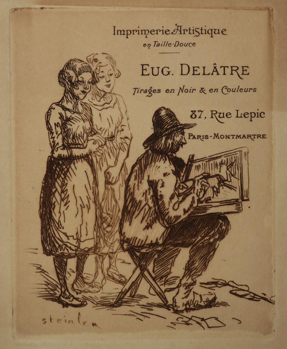Carte adresse pour l'Imprimerie Artistique en taille-douce Eugène Delâtre, 87 rue Lepic, Paris Montmartre. (Deux femmes admirant un peintre à l'œuvre). 