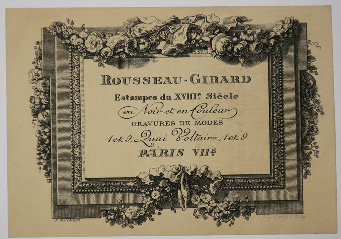 Carte adresse pour la Galerie Rousseau-Girard, Estampes du XVIIIème siècle en noir et couleur, Gravures de modes, 1 et 9 Quai Voltaire, Paris VIIème. (Cadre orné). 