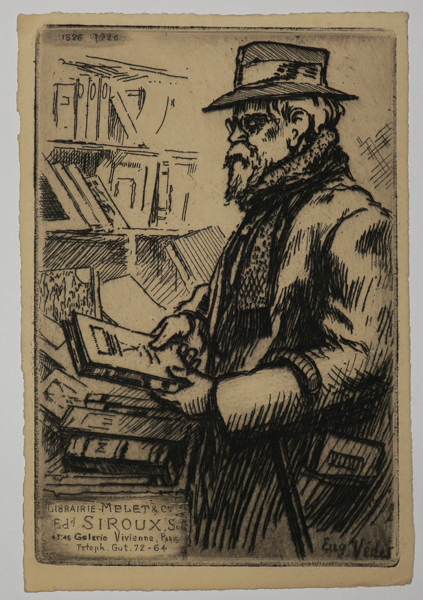 Carte adresse pour la Librairie Melet & Cie, Ed. Siroux Succ, 45-46 Galerie Vivienne, Paris. (Homme barbu avec un chapeau et une canne regardant un livre). 