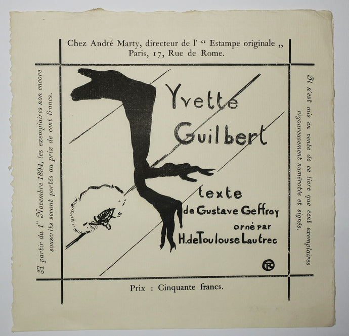 Annonce pour l'Album Yvette Guilbert (Texte de Gustave Geffroy, orné par H. de Toulouse-Lautrec). Chez André Marty, directeur de l'