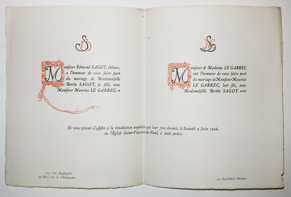 Monsieur Edmont Sagot, éditeur, a l'honneur de vous faire part du mariage de Mademoiselle Berthe Sagot, la fille, avec Monsieur Maurice Le Garrec - Monsieur et Madame Le Garrec ont l'honneur de vous faire part du mariage de Monsieur Maurice Le Garrec, leur fils, avec Mademoiselle Berthe Sagot. Ils vous prients d'assister à la bénédiction nuptiale qui leur sera donnée, le samedi 9 juin 1906, en l'Eglise Saint-Vincent-de-Paul, à midi précis. 