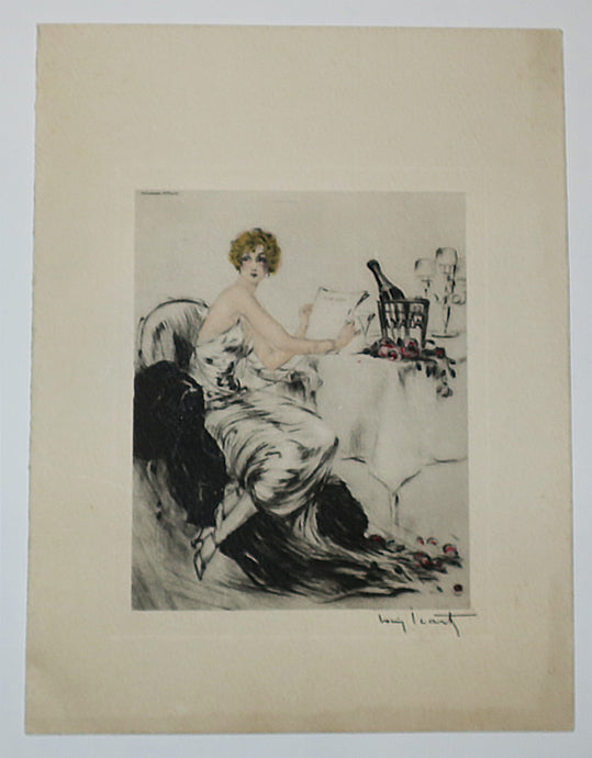 Menu illustré en couleurs d'après Louis Icart (Jeune femme assise à table, un menu à la main).