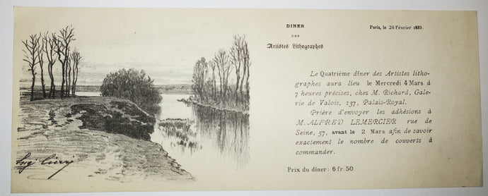 Invitation pour le Quatrième Dîner des Artistes Lithographes Français, le Mercredi 4 mars 1885 à 7 heures, chez M. Richard, Galerie de valois, 137, Palais-Royal. 