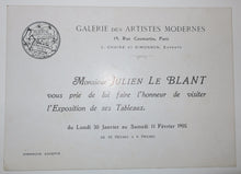 Charger l&#39;image dans la galerie, Invitation à l&#39;Exposition des Tableaux de Julien Le Blant, du lundi 30 janvier au samedi 11 février 1905 à la Galerie des Artistes Modernes, 19 rue Caumartin, à Paris.
