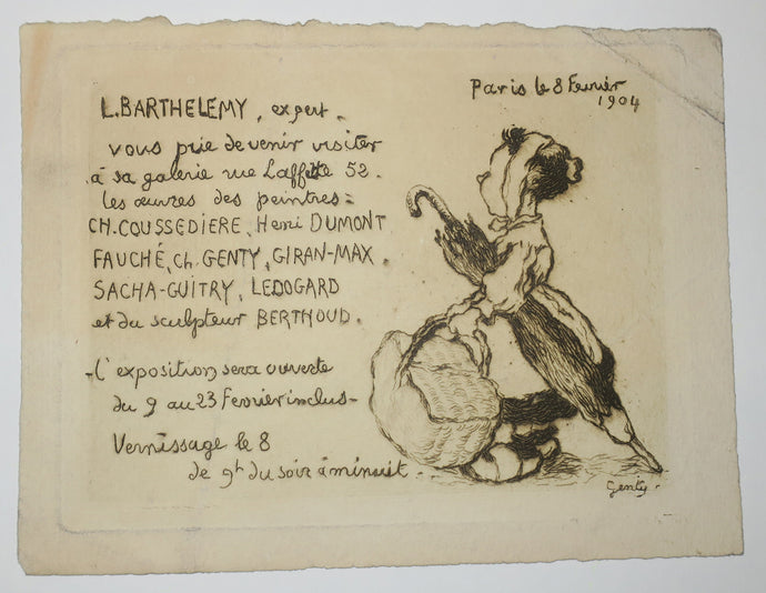 L. Barthelemy, Expert, vous prie de venir visiter à sa galerie Rue Laffitte 52, les œuvres des peintres: Ch. Coussedière, Henri Dumont Fauché, Ch. Genty, Giran-Max, Sacha-Guitry, Ledogard et du sculpteur Berthoud, du 9 au 23 février inclus, Vernissage le 8 de 9h du soir à minuit. 