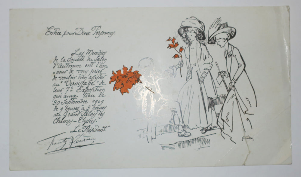 Invitation des Membres de la Société du Salon d'Automne au Vernissage de leur 7ème Exposition, le 30 septembre 1909 de 9 heures à 5 heures au Grand Palais des Champs-Elysées. Entrée pour deux personnes. 