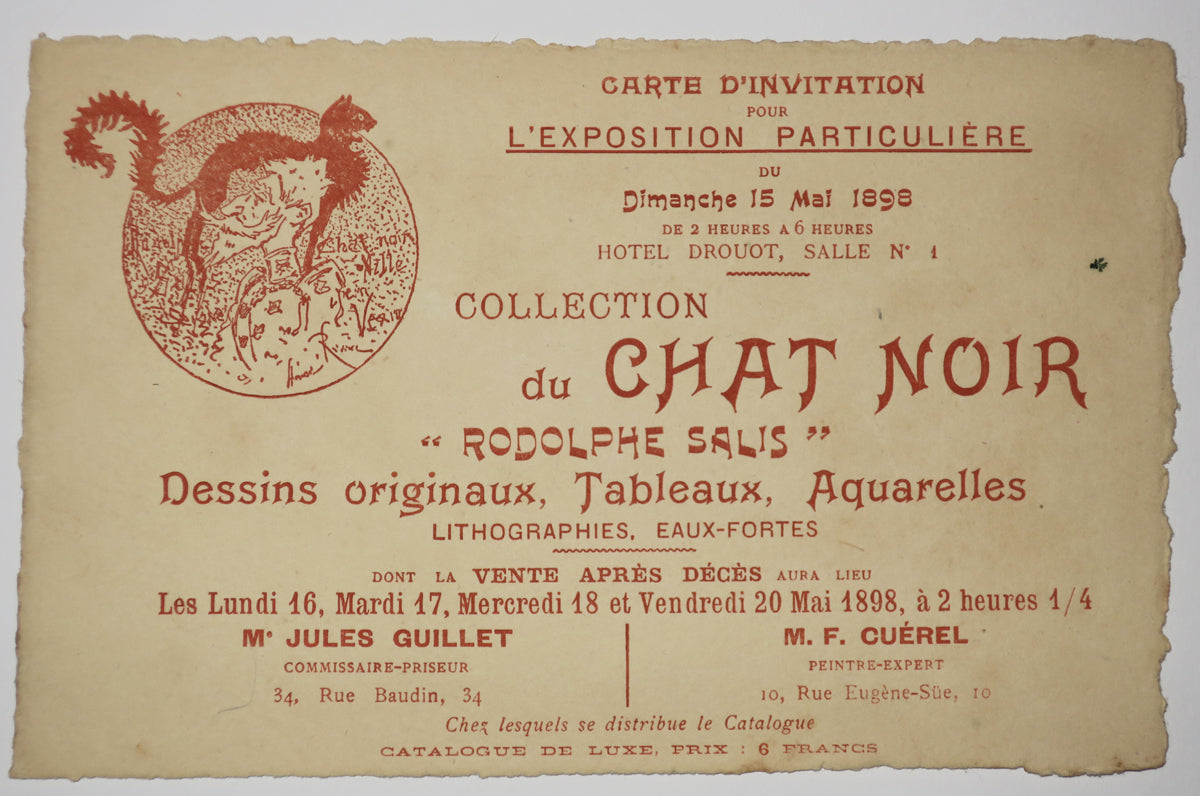 Carte d'invitation pour l'Exposition particulière du dimanche 15 mai 1898, à l'Hôtel Drouot Salle n°1, Collection du Chat Noir 