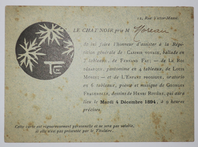 Carte d'invitation pour assister à la Répétition générale de 