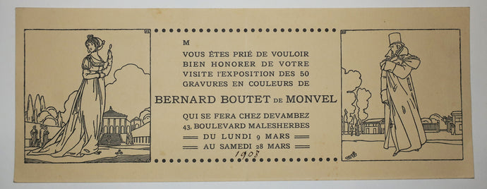 Invitation pour l'Exposition des 50 gravures en couleurs de Bernard Boutet de Monvel, chez Devambez, 43 boulevard Malesherbes, du lundi 9 mars au samedi 28 mars.