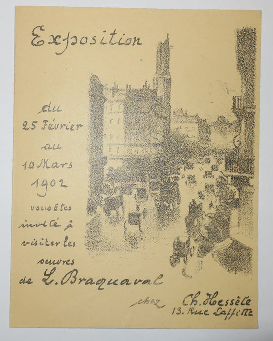 Invitation à l'Exposition des œuvres de L. Braquaval, du 25 février au 10 mars 1902, chez Ch. Hessèle, 13 rue Laffitte.