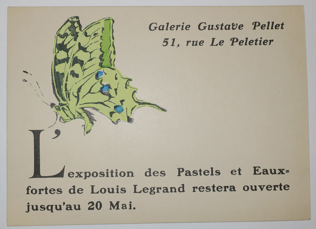 Carton pour l'Exposition des Pastels et Eaux-fortes de Louis Legrand qui restera ouverte jusqu'au 20 mai à la Galerie Gustave Pellet, 51 rue Le Peletier.