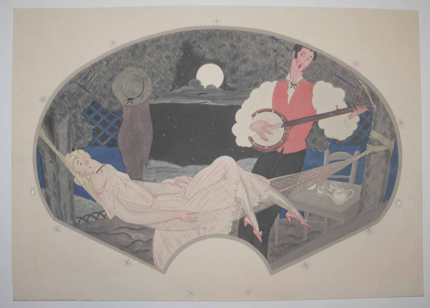 Projet d'éventail. [Berceuse d'une élégante dans un hamac, au clair de lune].