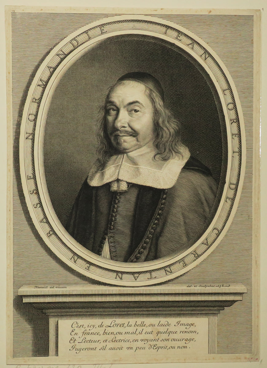 Portrait de Jean Loret (1600-1665), Poète écrivain français connu pour sa publication hebdomadaire en vers des nouvelles de la société parisienne de son temps (y compris, à ses débuts, de la Cour de Louis XIV à son apogée) de 1650 jusqu’en 1665.