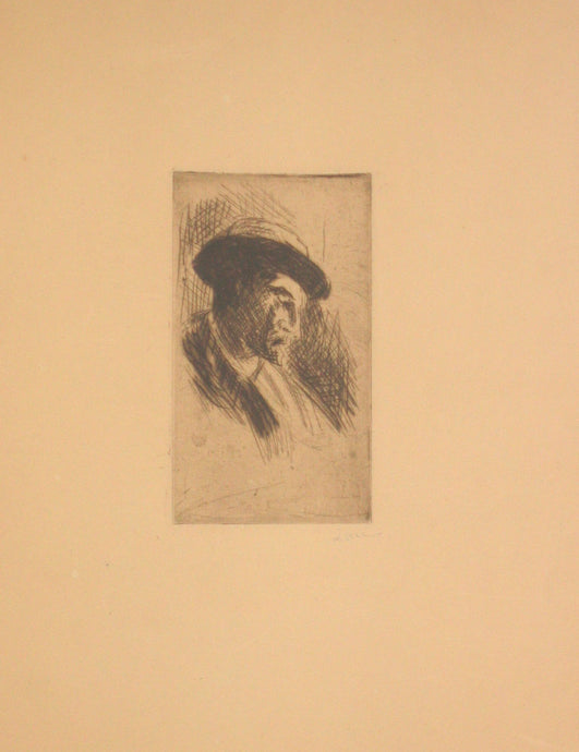 Portrait d'homme au chapeau, de profil droit. 