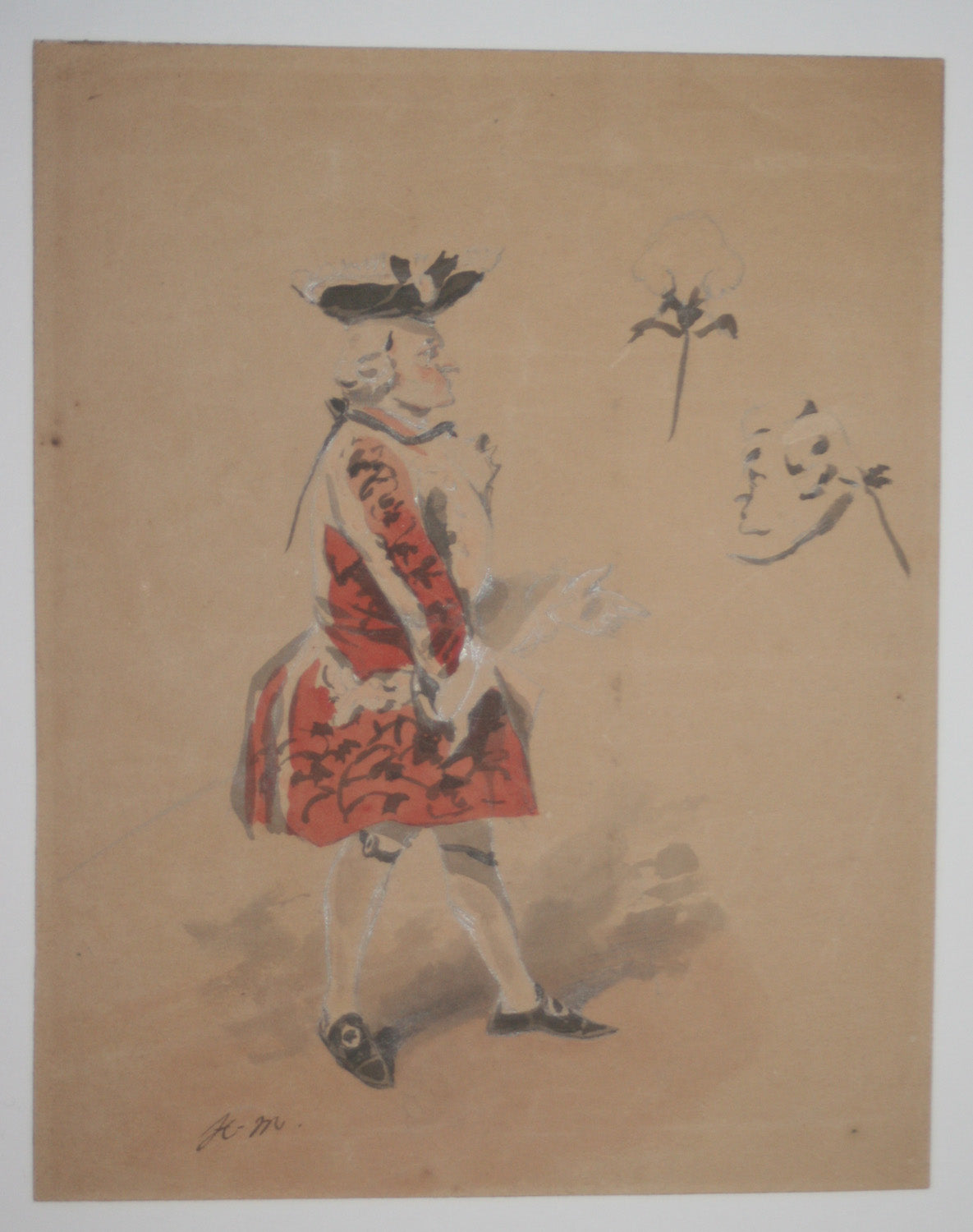 [Noble debout, de profil droit et deux esquisses de tête d'homme].