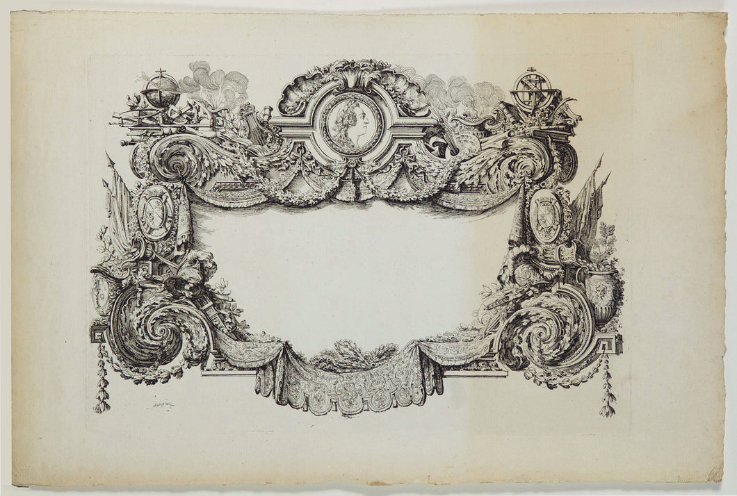 Cartouche richement orné d'un portrait en médaillon de Louis XV et les attributs des arts et des sciences. c.