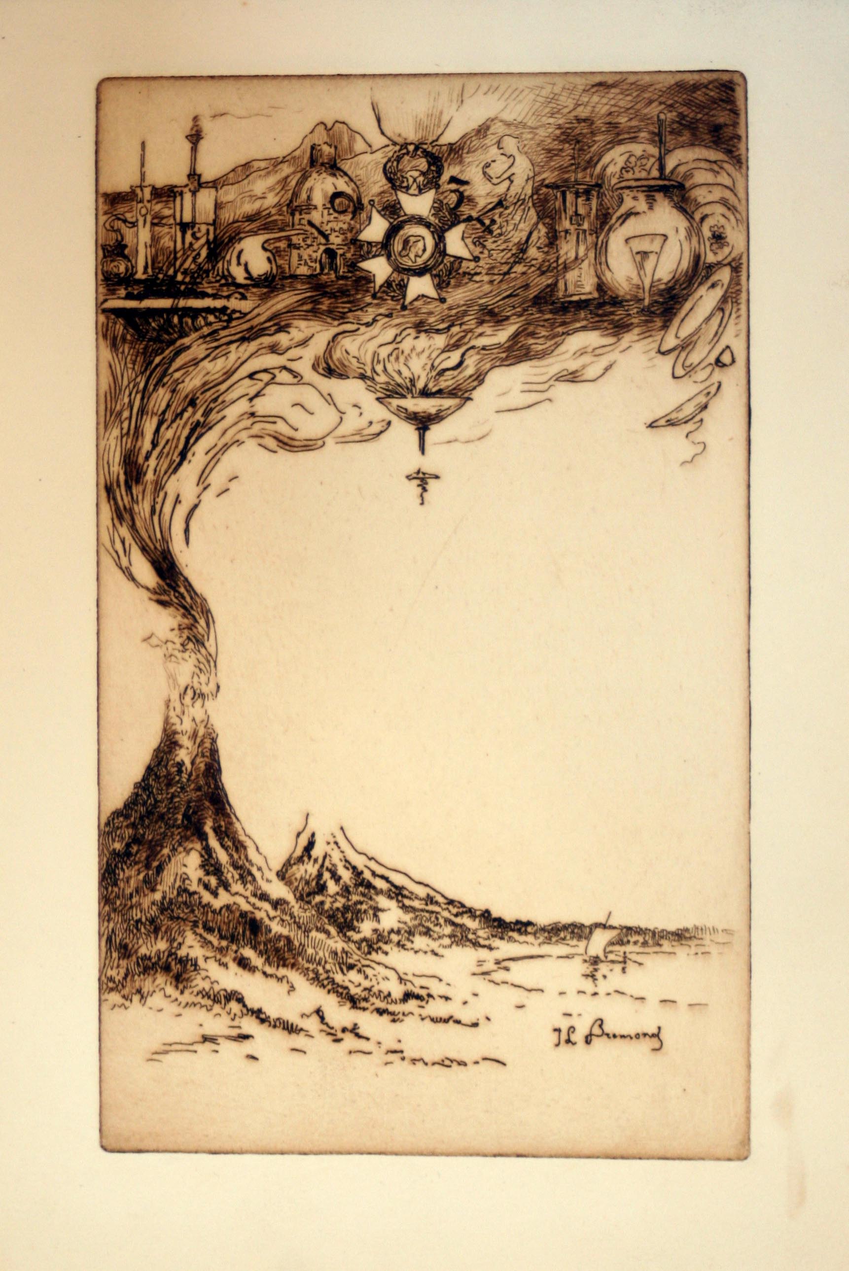 [Bord de mer, volcan en éruption. Menu avant lettre].