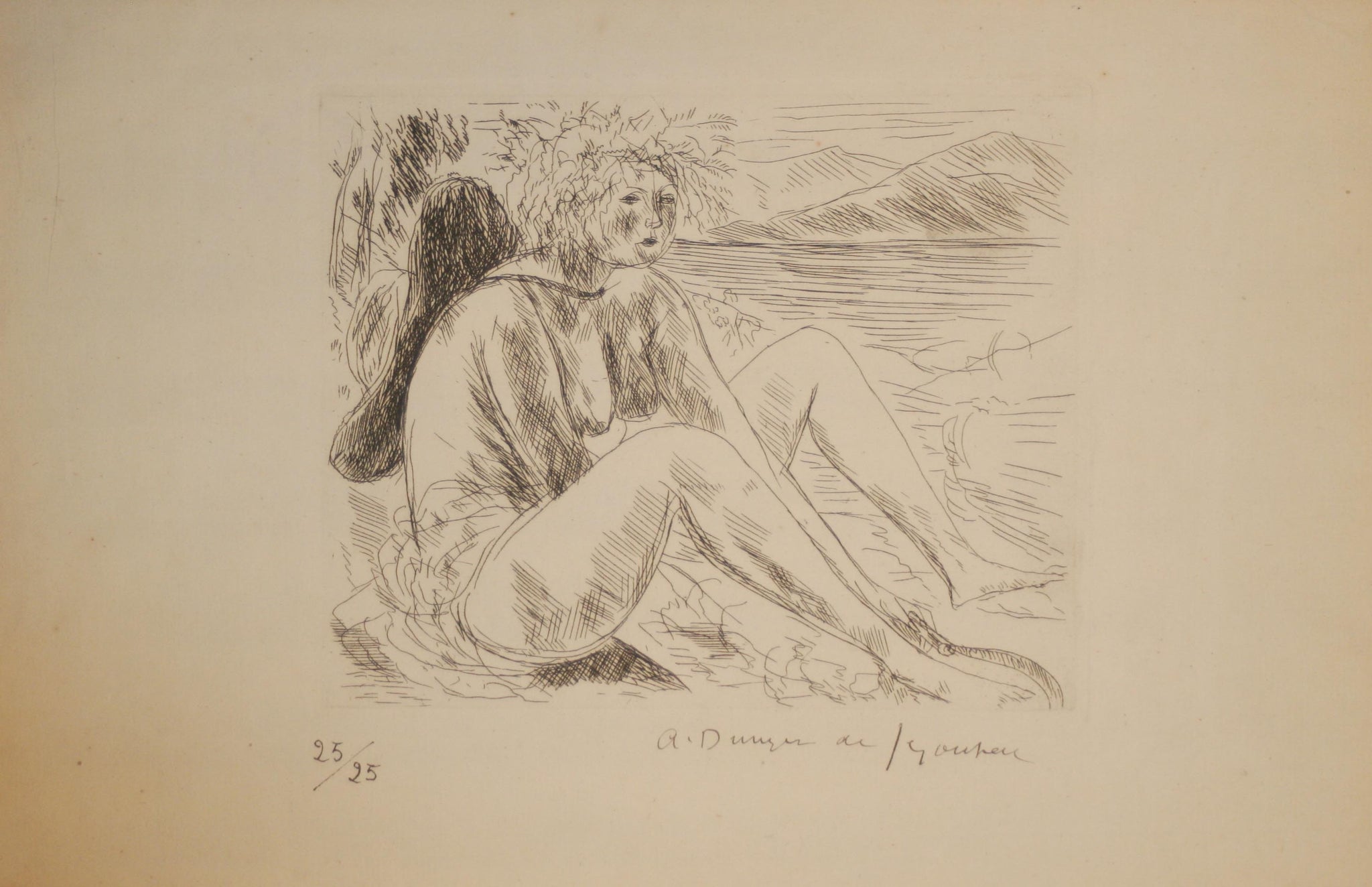 [Femme dénudée, assise, portant un chapeau autour du cou].