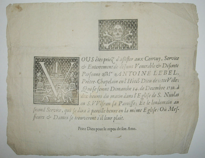 PLACARD MORTUAIRE de Messire Antoine Lebel, Prêtre-Chapelain en l'Hôtel-Dieu d'Abbeville