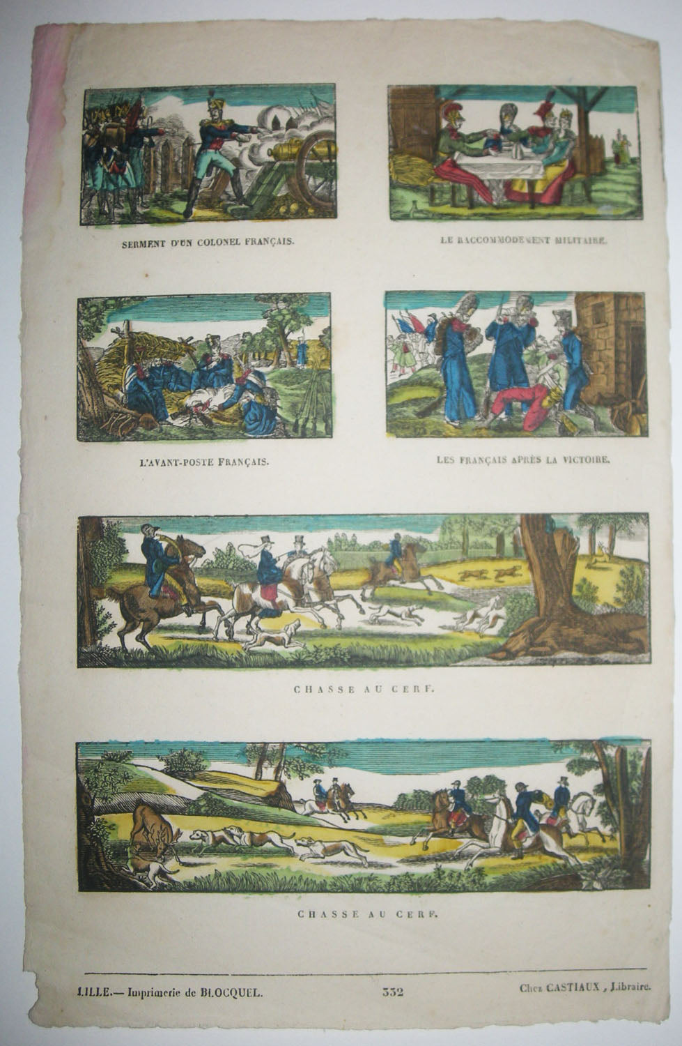 Feuille en hauteur à six sujets: Serment d'un Colonel Français, Le raccomodement militaire, L'avant-poste français, Les Français après la victoire, Chasse au cerf & Chasse au cerf. 