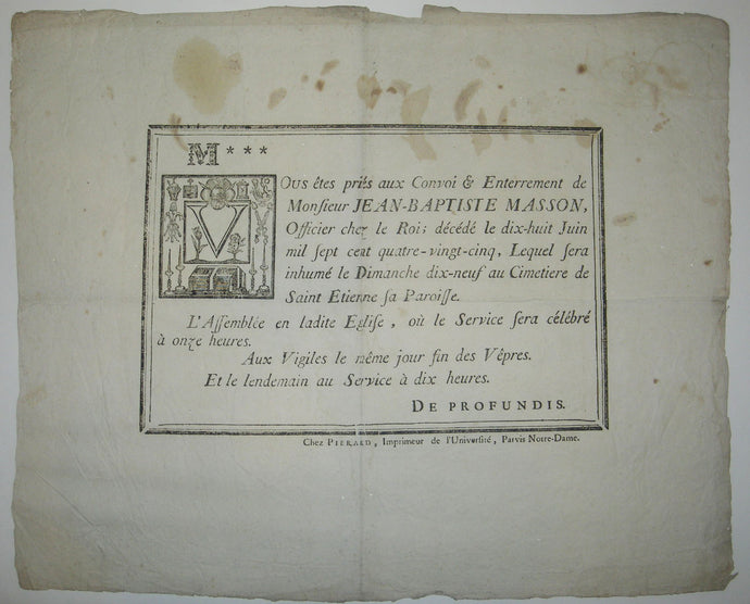 PLACARD MORTUAIRE de Monsieur Jean-Baptiste Masson, Officier du Roi.