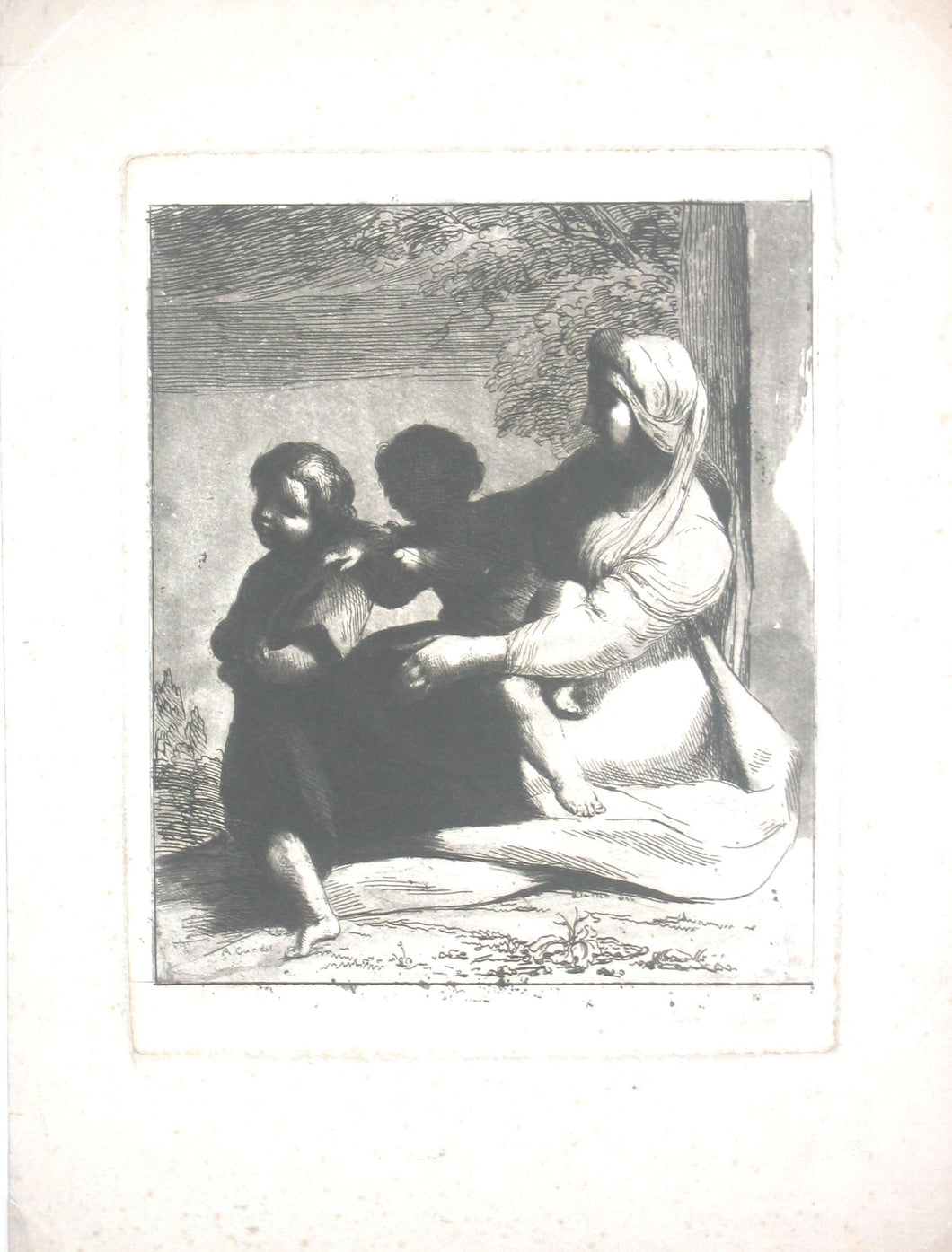 Femme assise et deux enfants (La femme est assise de profil à gauche et tient sur ses genoux un enfant nu, sui pose une de ses mains sur l'épaule de l'autre enfant, debout devant lui).  