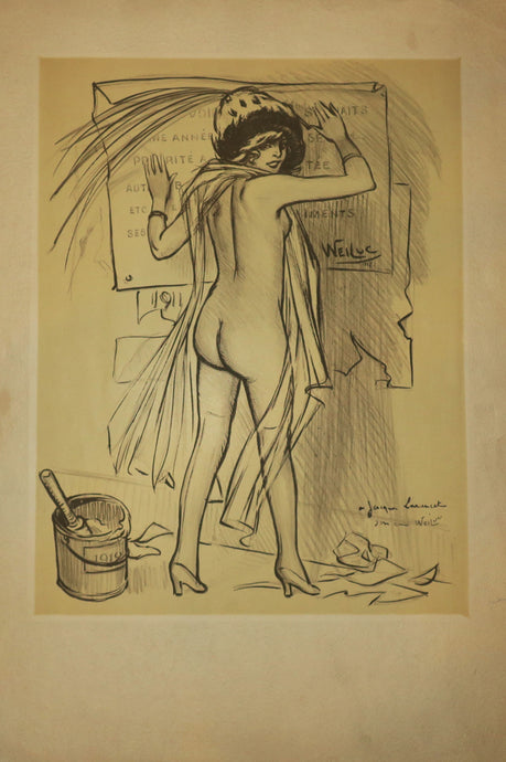 Souhaits pour 1911. (Jeune femme dénudée, de dos, tenant contre le mur l'affiche annonçant les bons souhaits). 