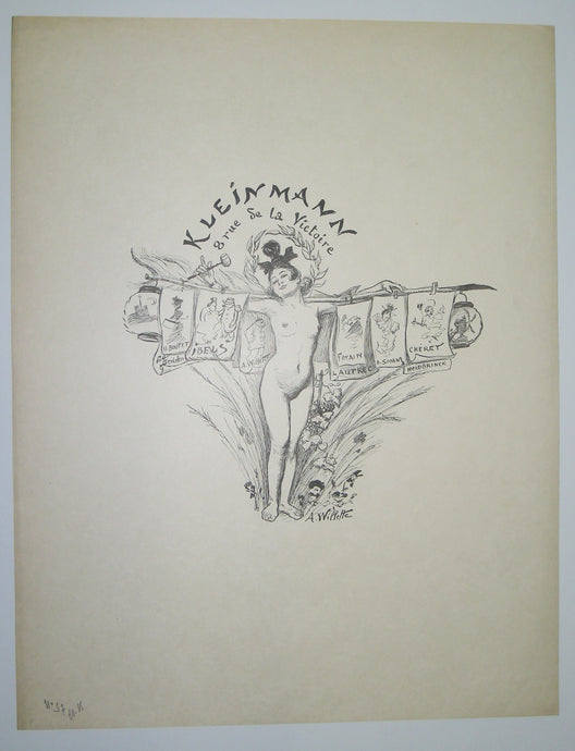 Illustration pour Kleinmann pour la 1ère publication de L'Escarmouche (Représente les différents artistes présentés par Kleinmann à sa Galerie située au 8 rue de la Victoire... Boutet, Steinlen, Ibels, Forain...). 